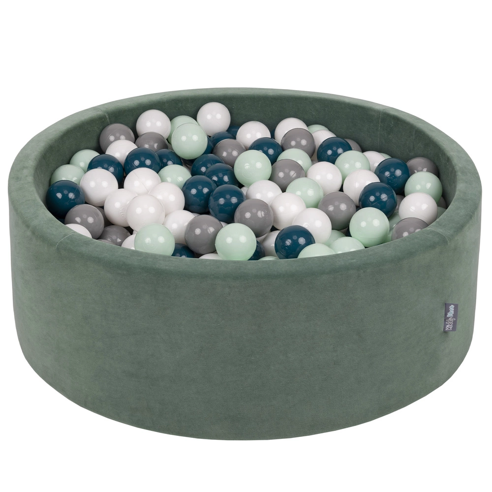 KiddyMoon Soft Ball Pit Round ∅ 7cm / 2.75In for Kids, Foam Velvet Ball Pool Baby Playballs, Made In The EU, forest green:dark turquoise/grey/white/mint, 90x30cm/200 balls