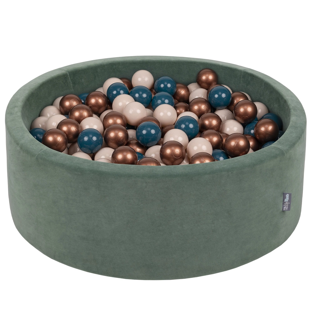 KiddyMoon Soft Ball Pit Round ∅ 7cm / 2.75In for Kids, Foam Velvet Ball Pool Baby Playballs, Made In The EU, forest green:dark turquoise/pastel beige/copper, 90x30cm/200 balls