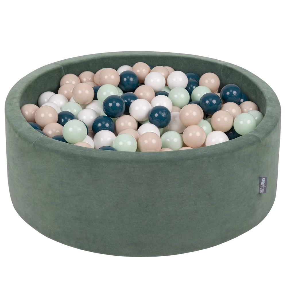 KiddyMoon Soft Ball Pit Round ∅ 7cm / 2.75In for Kids, Foam Velvet Ball Pool Baby Playballs, Made In The EU, forest green:dark turquoise/pastel beige/white/mint, 90x30cm/200 balls