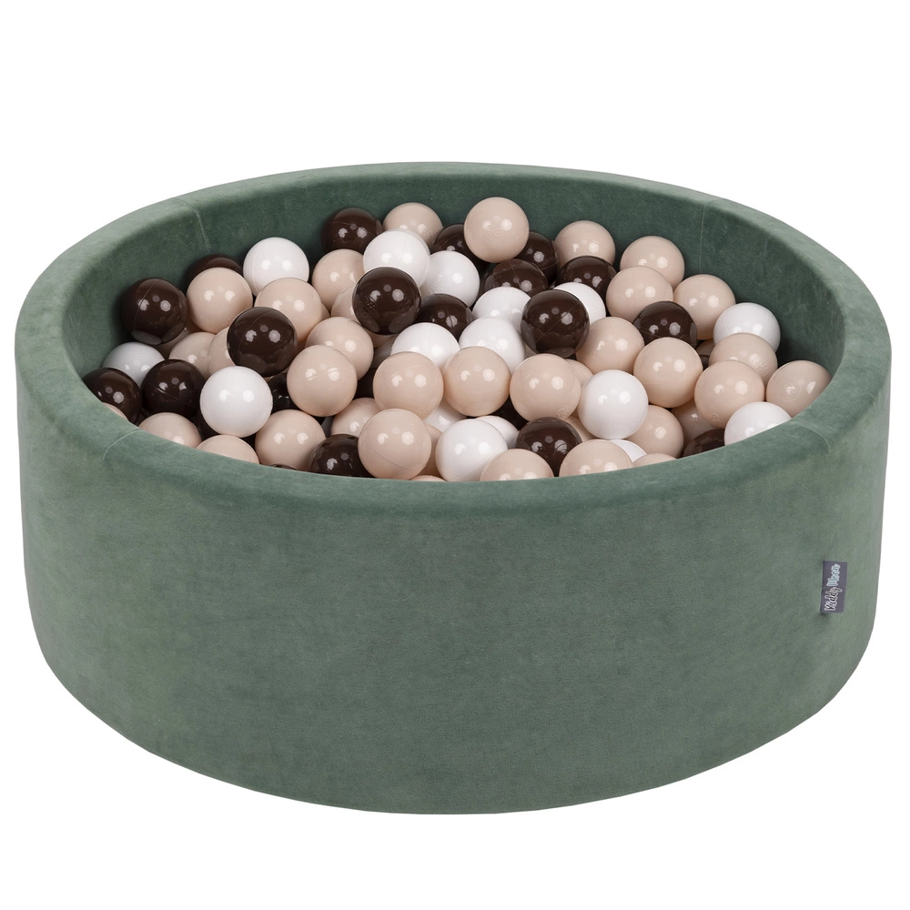 KiddyMoon Soft Ball Pit Round ∅ 7cm / 2.75In for Kids, Foam Velvet Ball Pool Baby Playballs, Made In The EU, forest green:pastel beige/brown/white, 90x30cm/200 balls