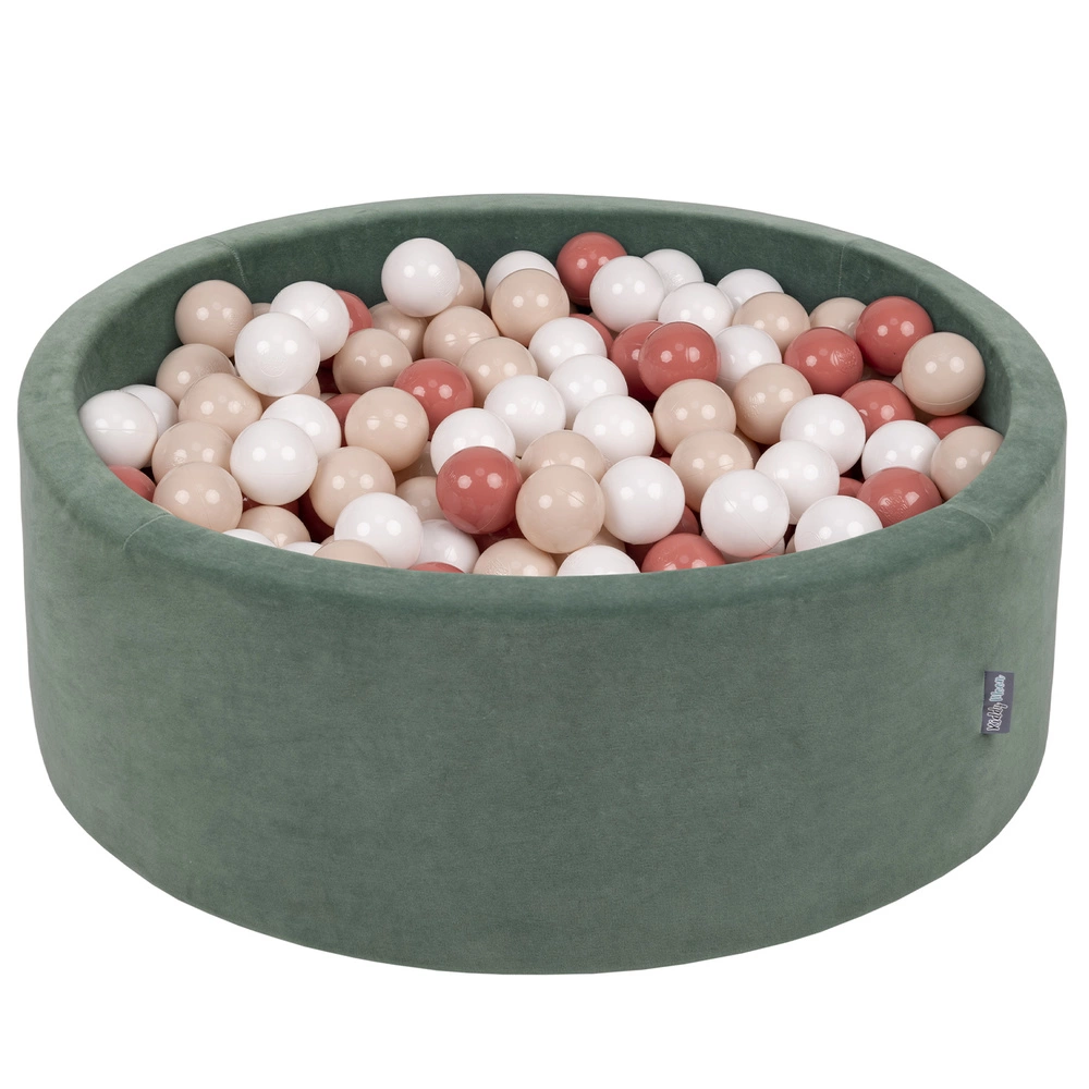 KiddyMoon Soft Ball Pit Round ∅ 7cm / 2.75In for Kids, Foam Velvet Ball Pool Baby Playballs, Made In The EU, forest green:pastel beige/salmon pink/white, 90x30cm/200 balls