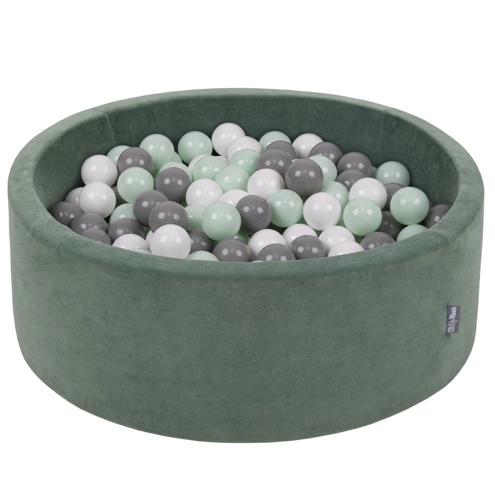 KiddyMoon Soft Ball Pit Round ∅ 7cm / 2.75In for Kids, Foam Velvet Ball Pool Baby Playballs, Made In The EU, forest green:white/grey/mint, 90x30cm/200 balls
