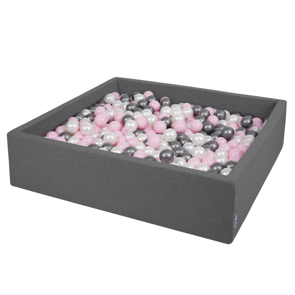 KiddyMoon Soft Ball Pit Square ∅ 7Cm / 2.75In For Kids, Foam Ball Pool Baby Playballs Children, Made In The EU, dark grey:pearl-powder pink-silver, 120x30cm/200 balls