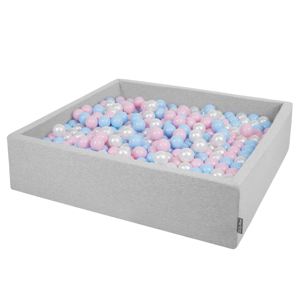 KiddyMoon Soft Ball Pit Square ∅ 7Cm / 2.75In For Kids, Foam Ball Pool Baby Playballs Children, Made In The EU, light grey:babyblue-powder pink-pearl, 120x30cm/300 balls