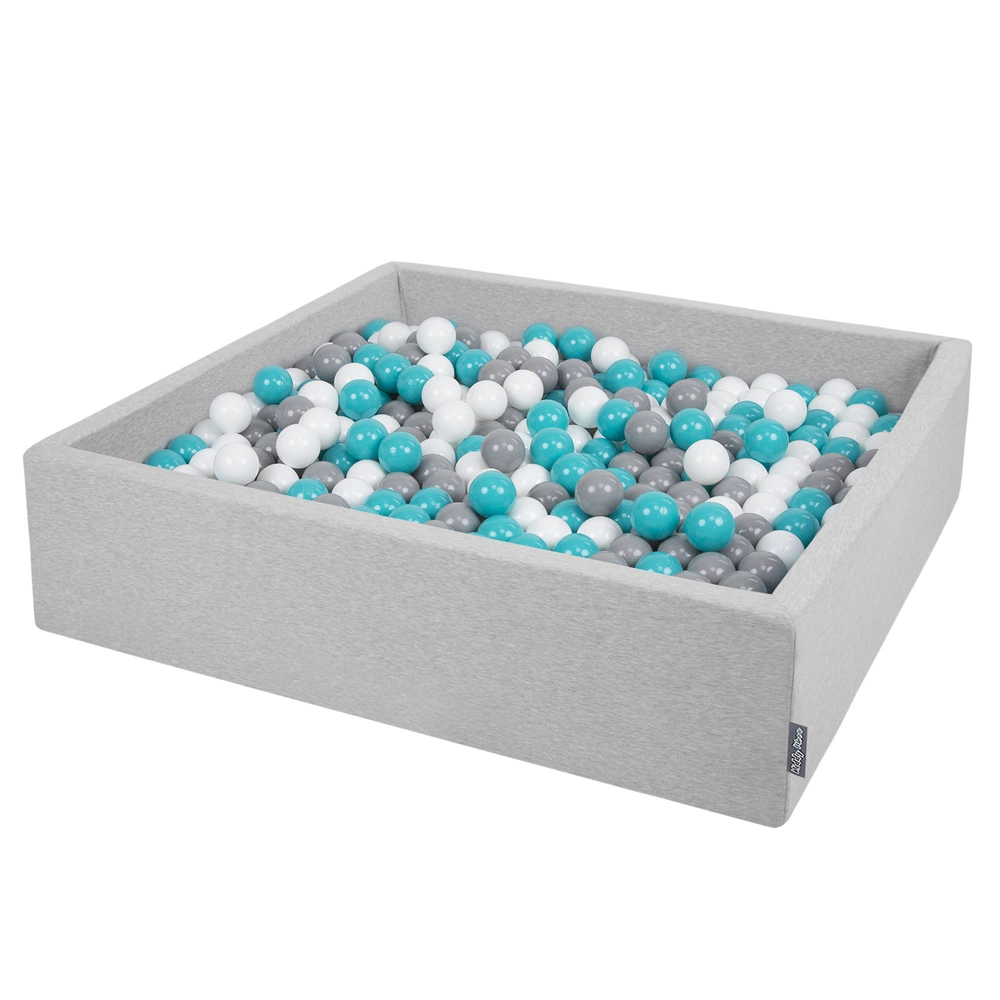KiddyMoon Soft Ball Pit Square ∅ 7Cm / 2.75In For Kids, Foam Ball Pool Baby Playballs Children, Made In The EU, light grey:grey-white-turquoise, 120x30cm/200 balls