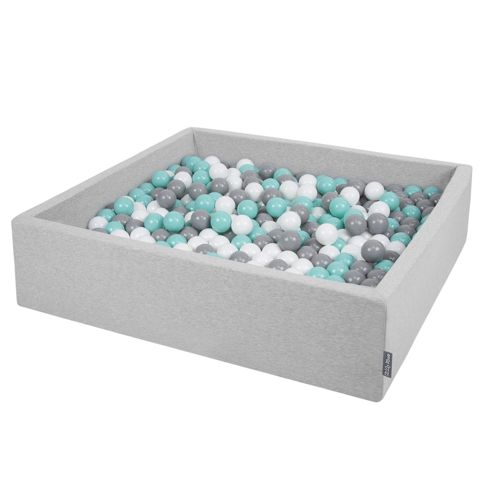 KiddyMoon Soft Ball Pit Square ∅ 7Cm / 2.75In For Kids, Foam Ball Pool Baby Playballs Children, Made In The EU, light grey:white-grey-light turquoise, 120x30cm/300 balls
