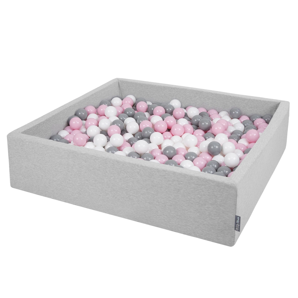 KiddyMoon Soft Ball Pit Square ∅ 7Cm / 2.75In For Kids, Foam Ball Pool Baby Playballs Children, Made In The EU, light grey:white-grey-powder pink, 120x30cm/300 balls