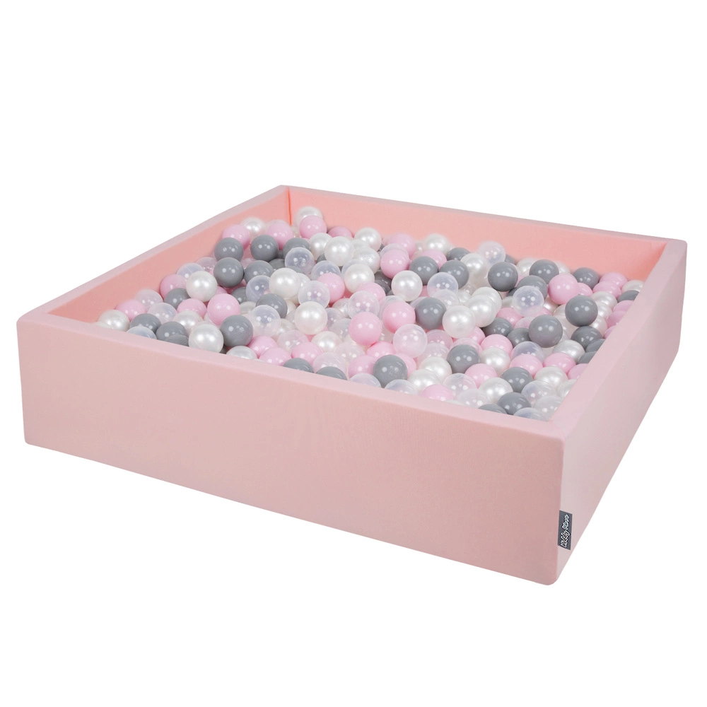 KiddyMoon Soft Ball Pit Square ∅ 7Cm / 2.75In For Kids, Foam Ball Pool Baby Playballs Children, Made In The EU, pink:pearl-grey-transparent-powder pink, 120x30cm/200 balls