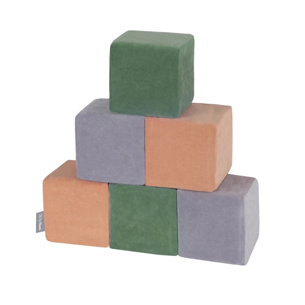 KiddyMoon velvet foam cubes for kids 14cm soft, cubes:forest green-desert pink- grey mountains, 6 Pieces