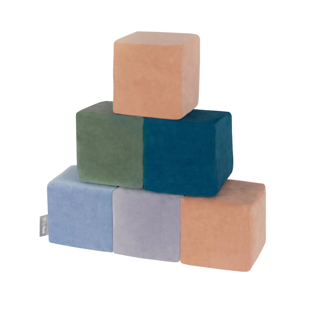 KiddyMoon velvet foam cubes for kids 14cm soft, cubes:lagoon turquoise-forest green-desert pink-ice blue-grey mountains, 6 Pieces