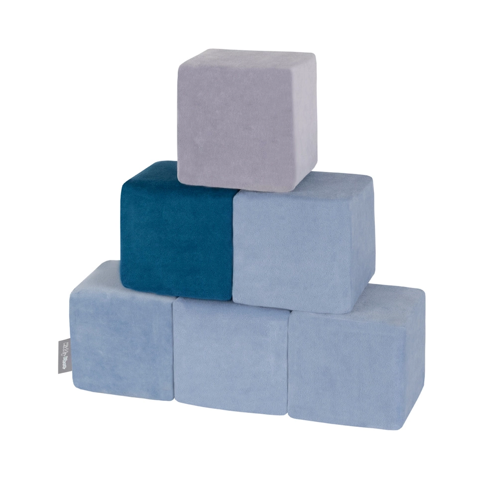 KiddyMoon velvet foam cubes for kids 14cm soft, cubes:lagoon turquoise-ice blue-grey mountains, 6 Pieces
