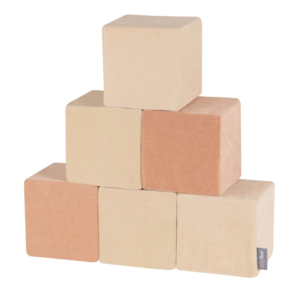 KiddyMoon velvet foam cubes for kids 14cm soft, cubes: sand beige-desert pink, 6 Pieces