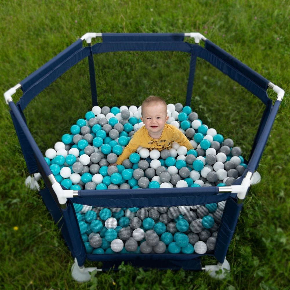 hexagon 6 side play pen with plastic balls, Blue:grey/white/turquoise, 100 balls