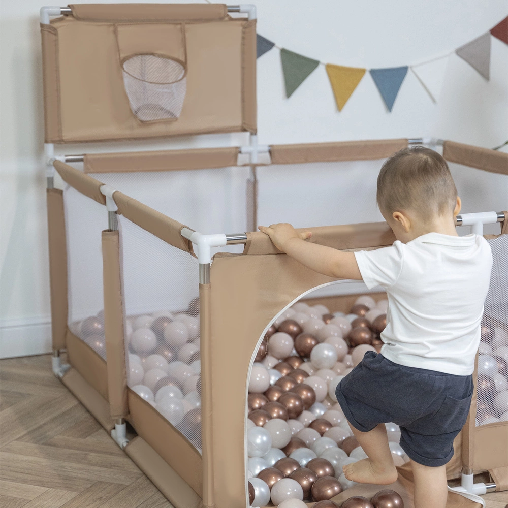 square play pen filled with plastic balls basketball, beige, No Balls
