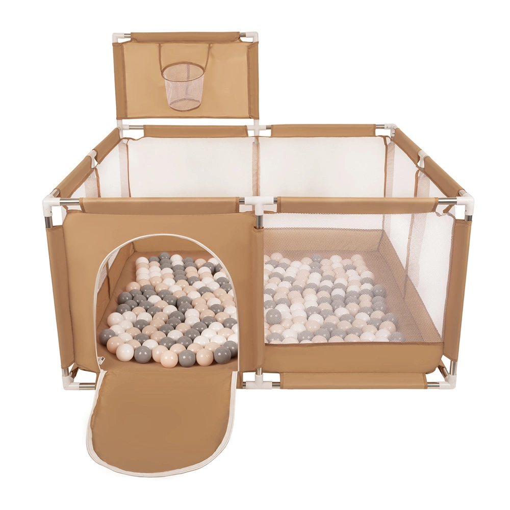 square play pen filled with plastic balls basketball, beige:pastel beige/grey/white, 100 balls