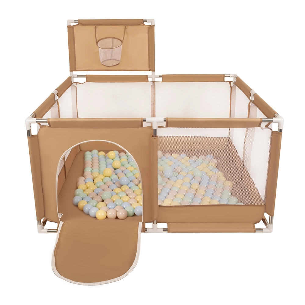 square play pen filled with plastic balls basketball, beige:pastel beige/pastel blue/pastel yellow/mint, 100 balls