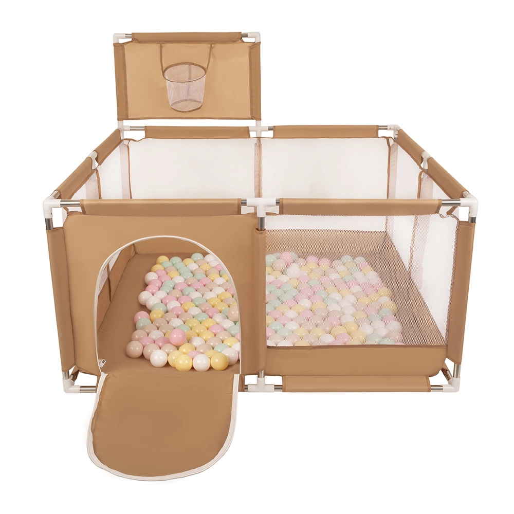 square play pen filled with plastic balls basketball, beige:pastel beige/pastel yellow/white/mint/light pink, 100 balls