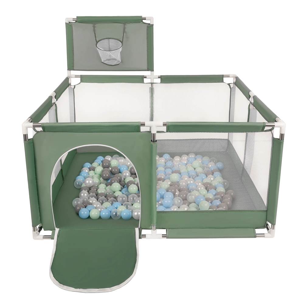 square play pen filled with plastic balls basketball, green:pearl/grey/transparent/babyblue/mint, 100 balls