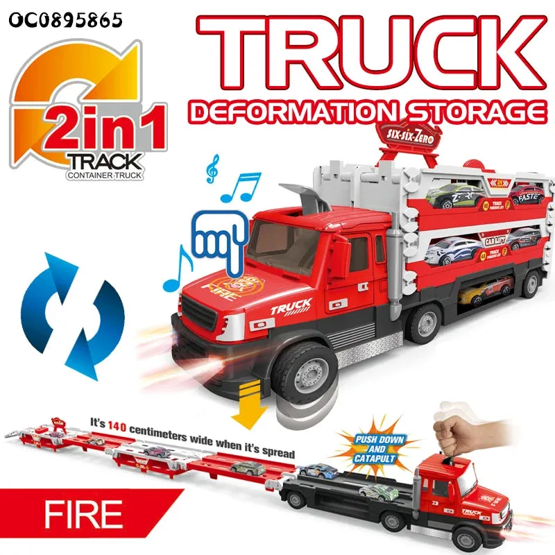 2 in 1 Fire Rescue Transporter Truck With Fire Rescue Vehicles, 140cm Spread Size