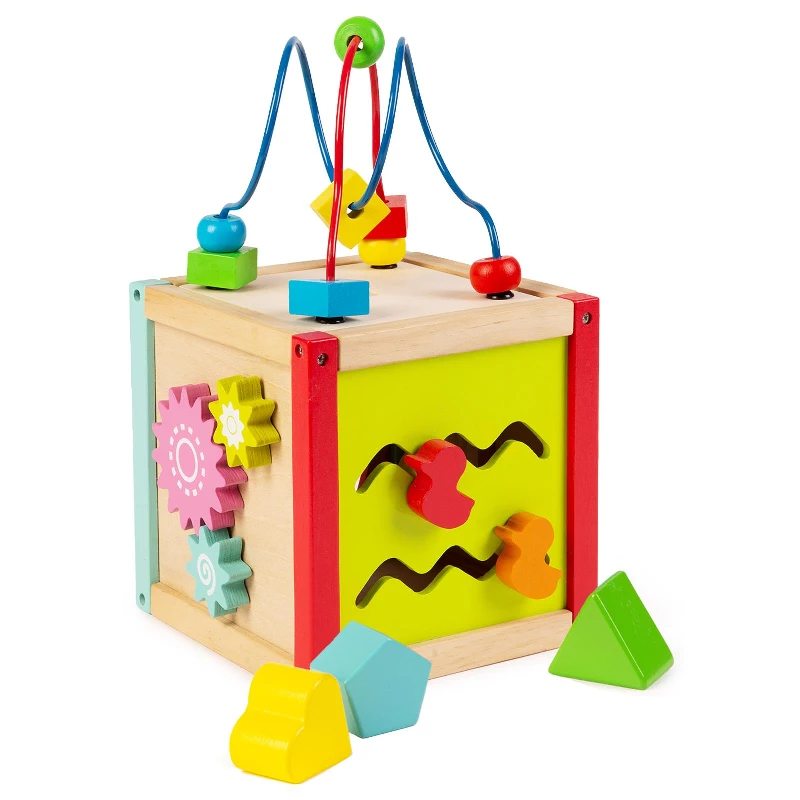 5-In-1 Small Wooden Activity Cube | 2-Way Bead Maze Roller Coaster Sensory Baby Toy with Abacus Clock Animal Shape Sorter & Slider | Multifunction