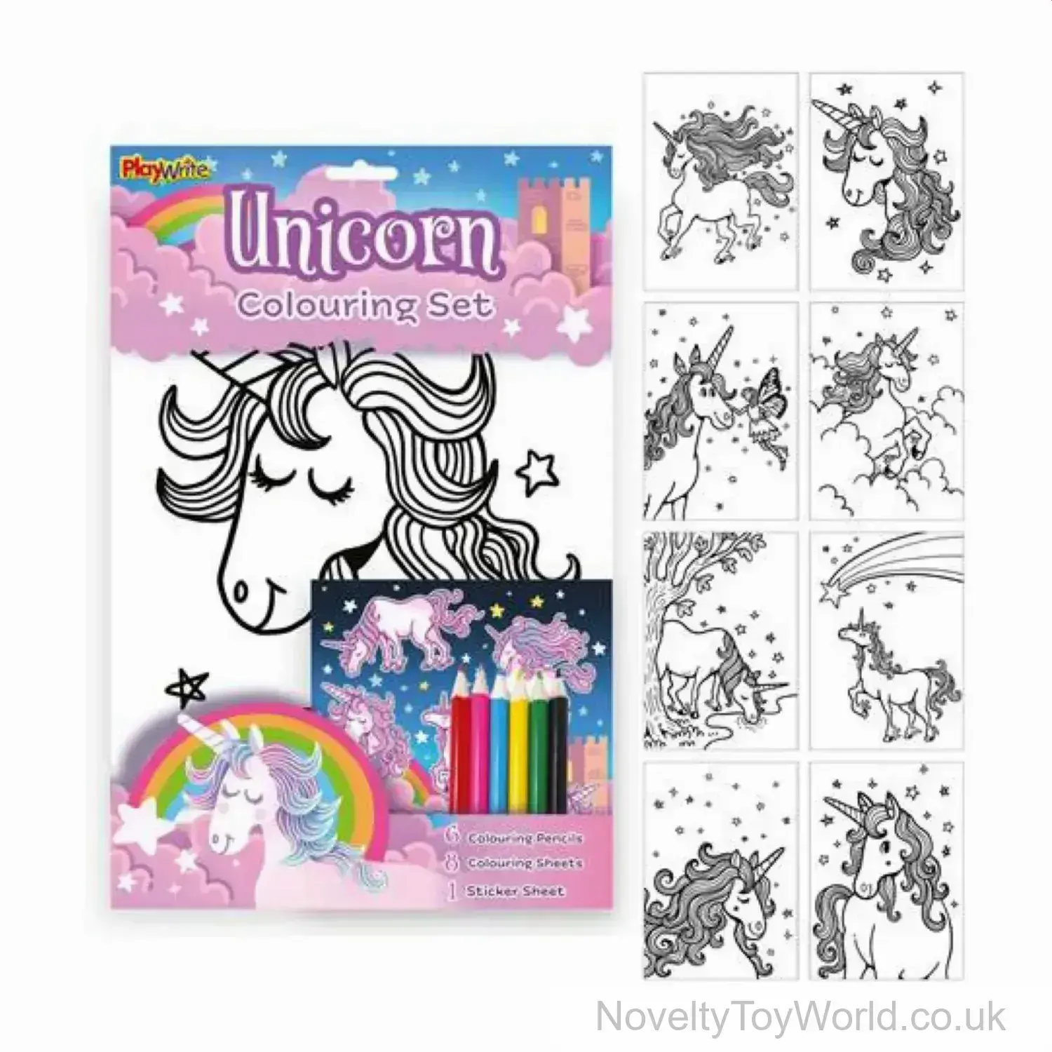 Unicorn Colouring Set - 8 Sheets, 6 Pencils, 1 Sticker Sheet