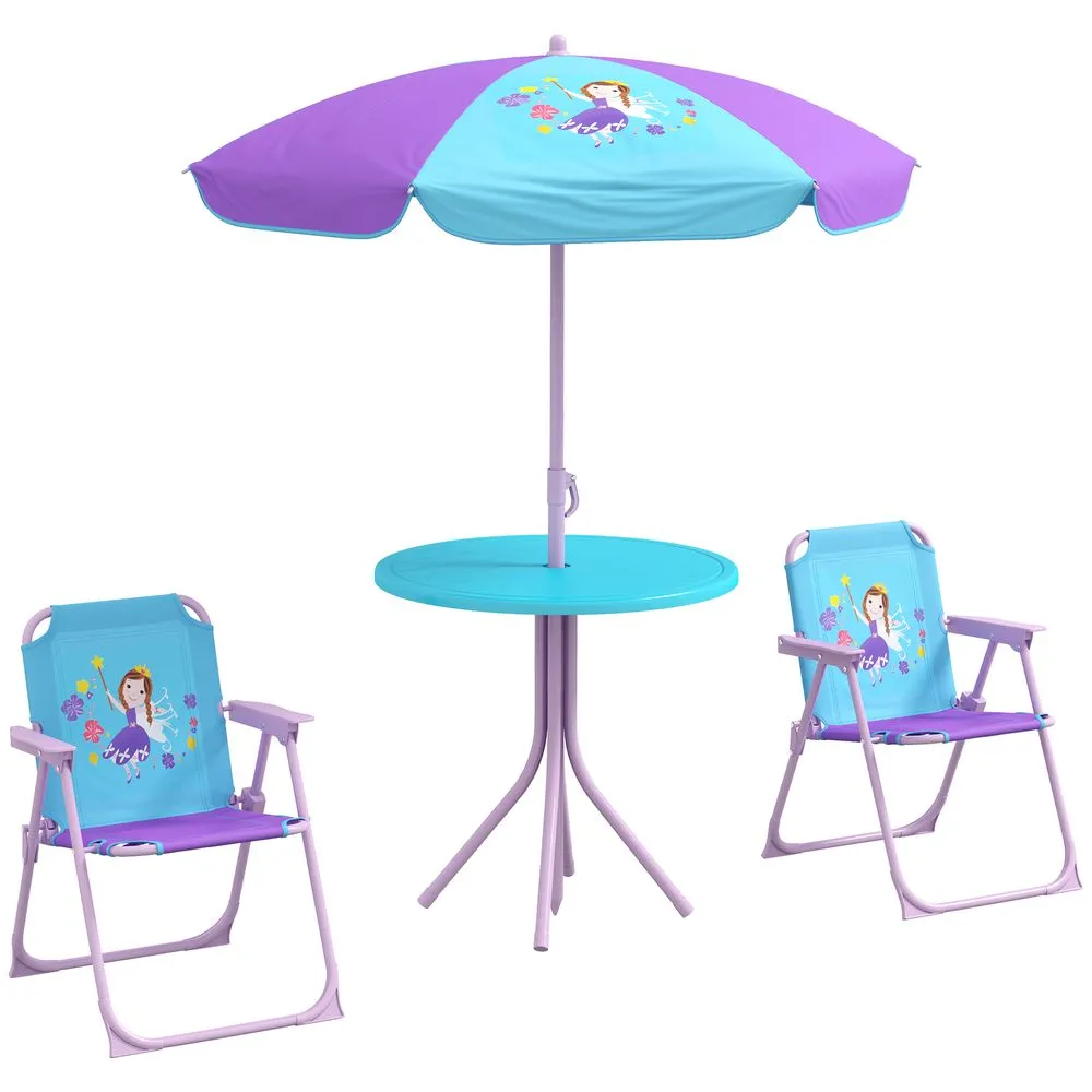 Outsunny Kids Bistro Table and Chair Set with Fairy Theme Adjustable Parasol