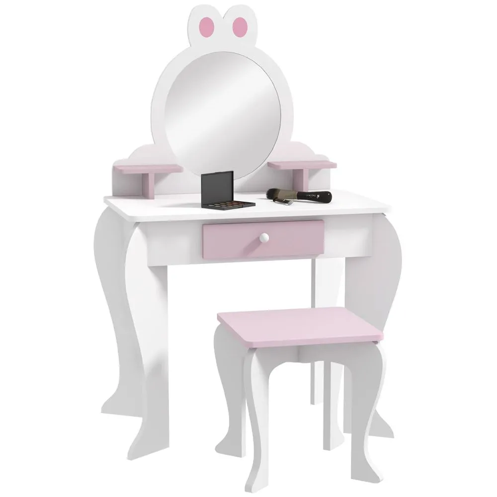 ZONEKIZ Kids Dressing Table with Mirror and Stool Drawer Storage Shelf White