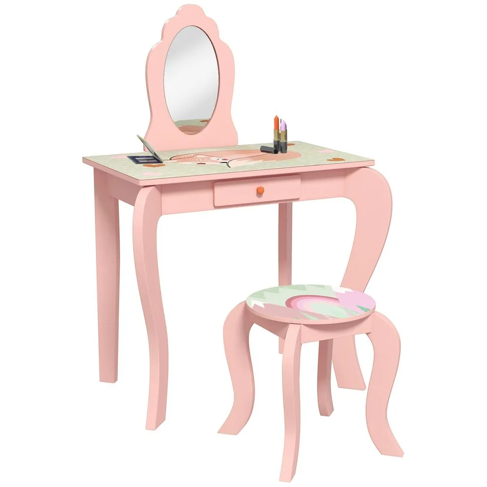 ZONEKIZ Kids Dressing Table with Mirror Stool Drawer Cute Animal Design Pink