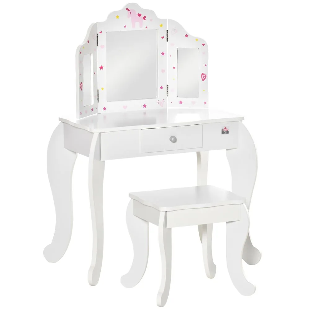 Kids Vanity Table & Stool Girls Dressing Set with Rotatable Mirror Drawer