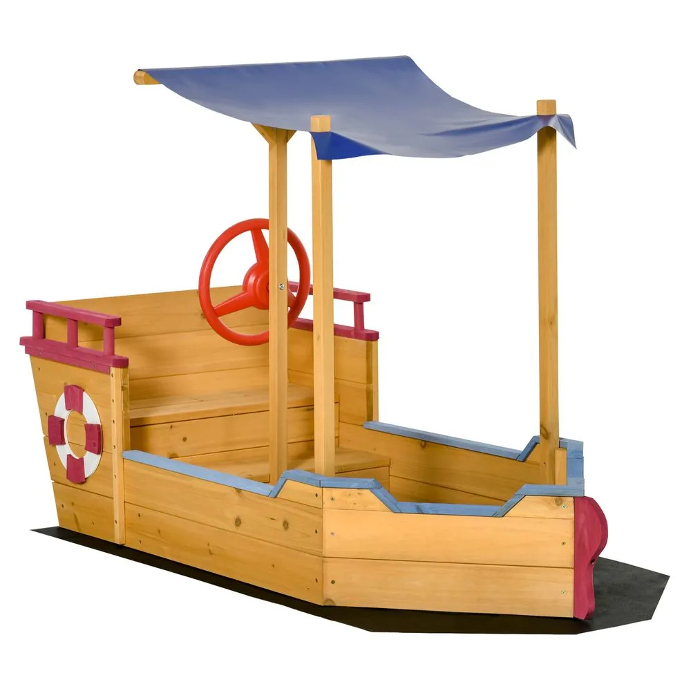 Outsunny Kids Wooden Sand Pit Sandbox Pirate Sandboat Outdoor with Canopy Shade