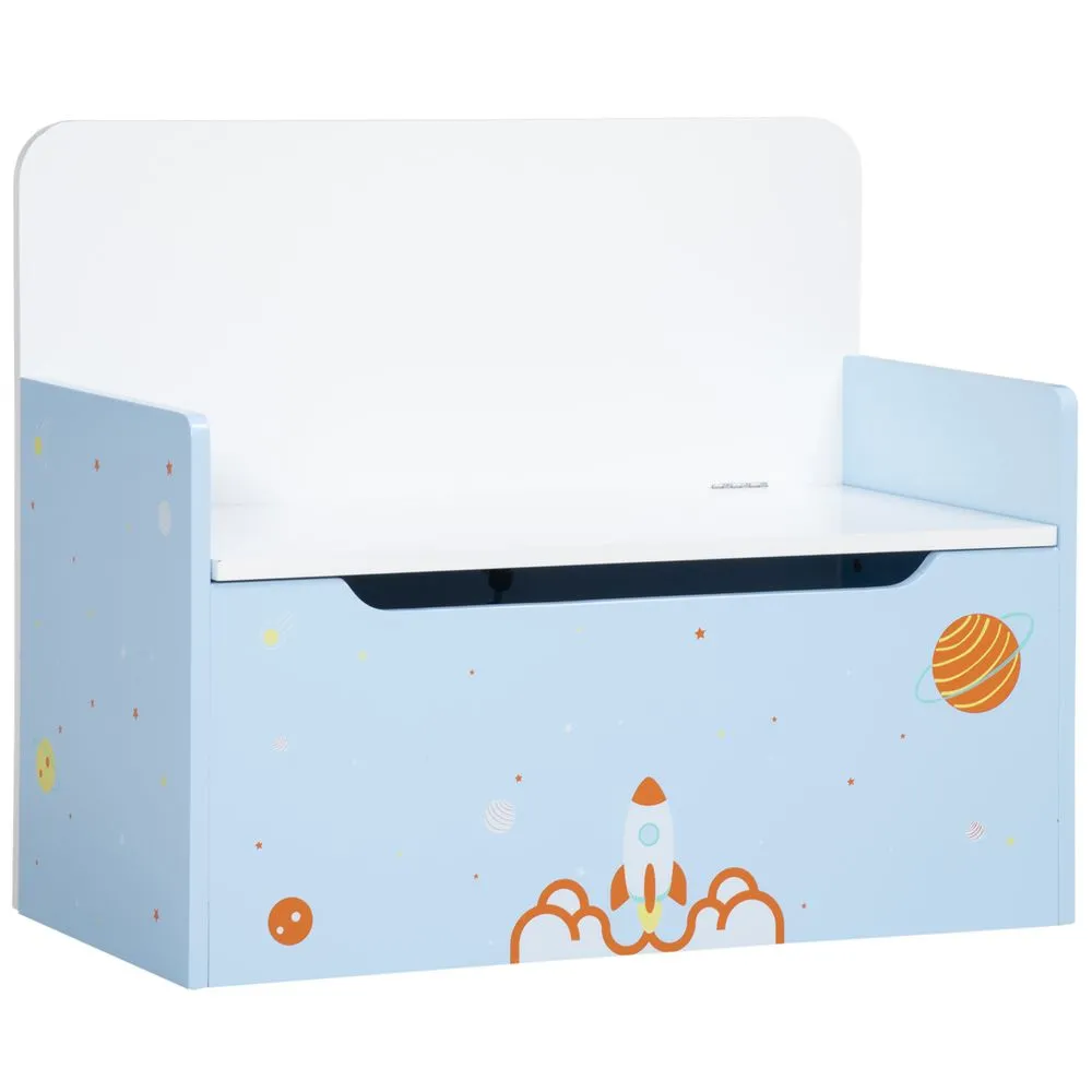 ZONEKIZ Two-In-One Wooden Toy Box Kids Storage Bench with Safety Rod Blue