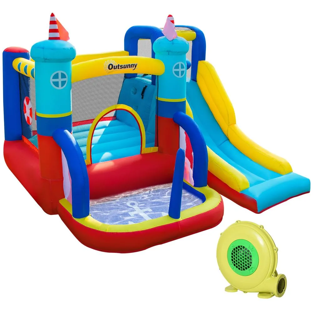 Outsunny Kids Bouncy Castle with Slide Pool Trampoline Climbing Wall with Blower
