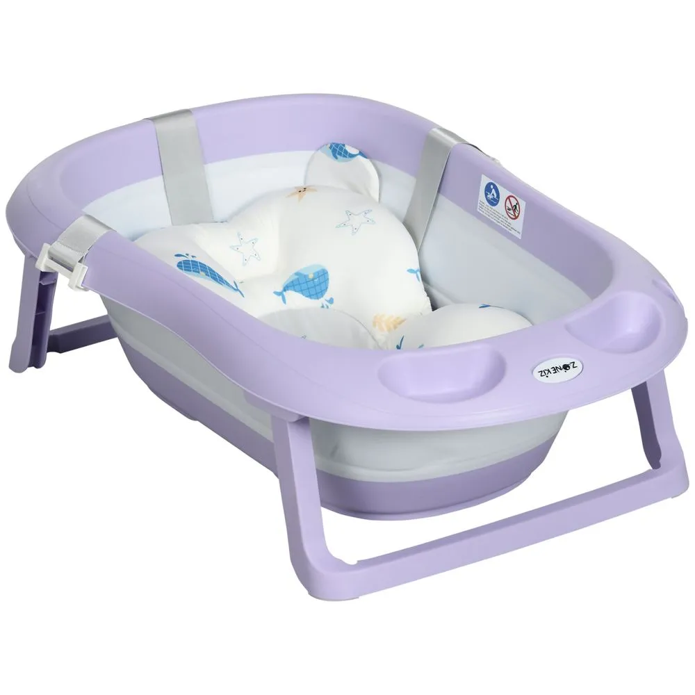 ZONEKIZ Foldable Baby Bathtub with Non-Slip Support Legs Cushion Shower Holder Purple