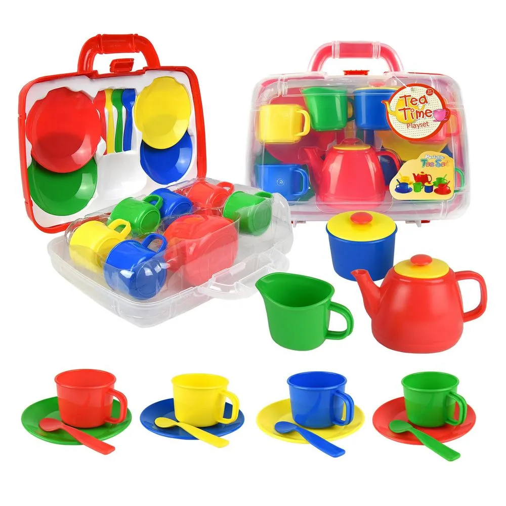 Vinsani Kids 15 Piece Red Portable Plastic Tea Set with Carry Case for Age 3+