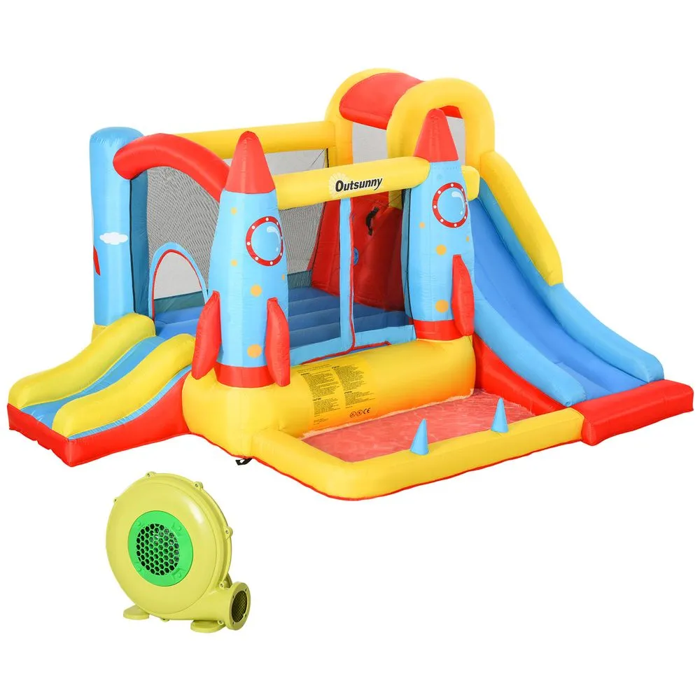 Outsunny Bouncy Castle with Slide Pool Rocket Trampoline with Carrybag & Blower