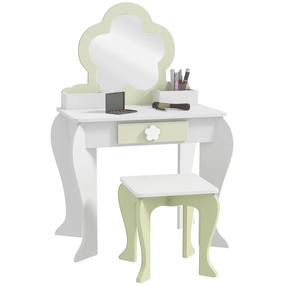ZONEKIZ Kids Vanity Table Set Beauty Flower Design for Ages 3-6 Years White