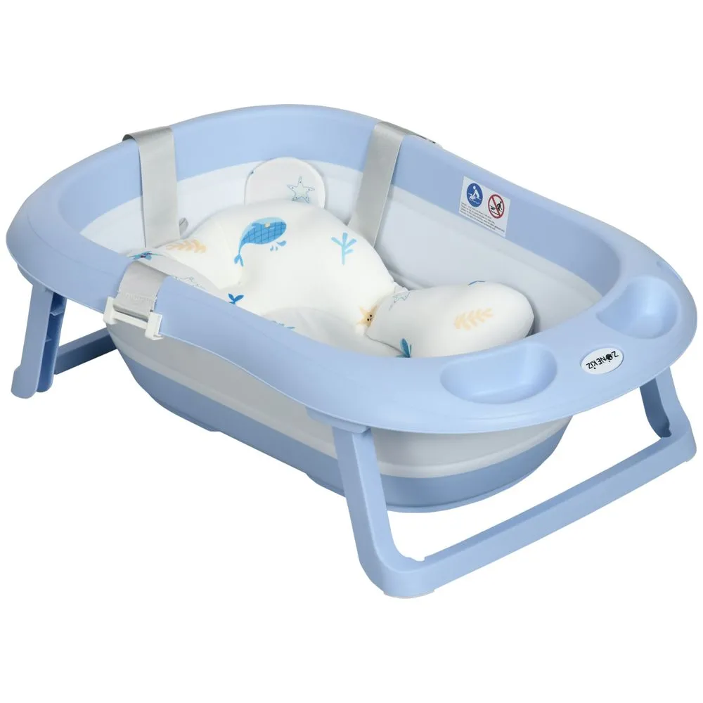 ZONEKIZ Foldable Baby Bathtub with Non-Slip Support Legs Cushion Shower Holder Blue