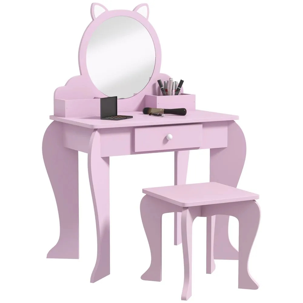 ZONEKIZ Kids Dressing Table Cat Design with Mirror Stool Drawer Storage Boxes