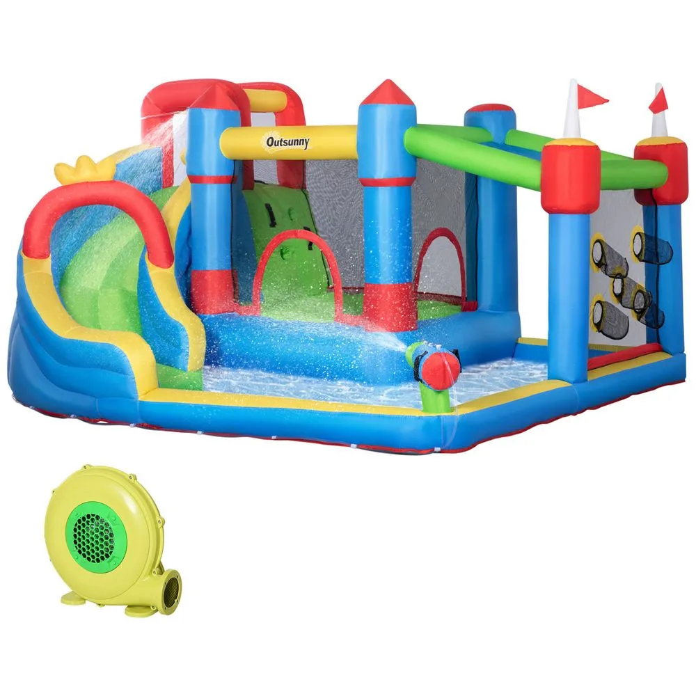 Outsunny Kids Inflatable Bouncy Castle 6 in 1 Water Slide Water Gun & Air Blower